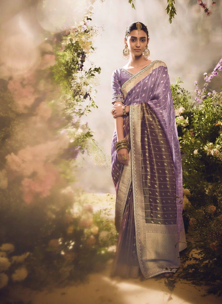 Stylish Purple Saree with Zari Weaving & Sequin Work