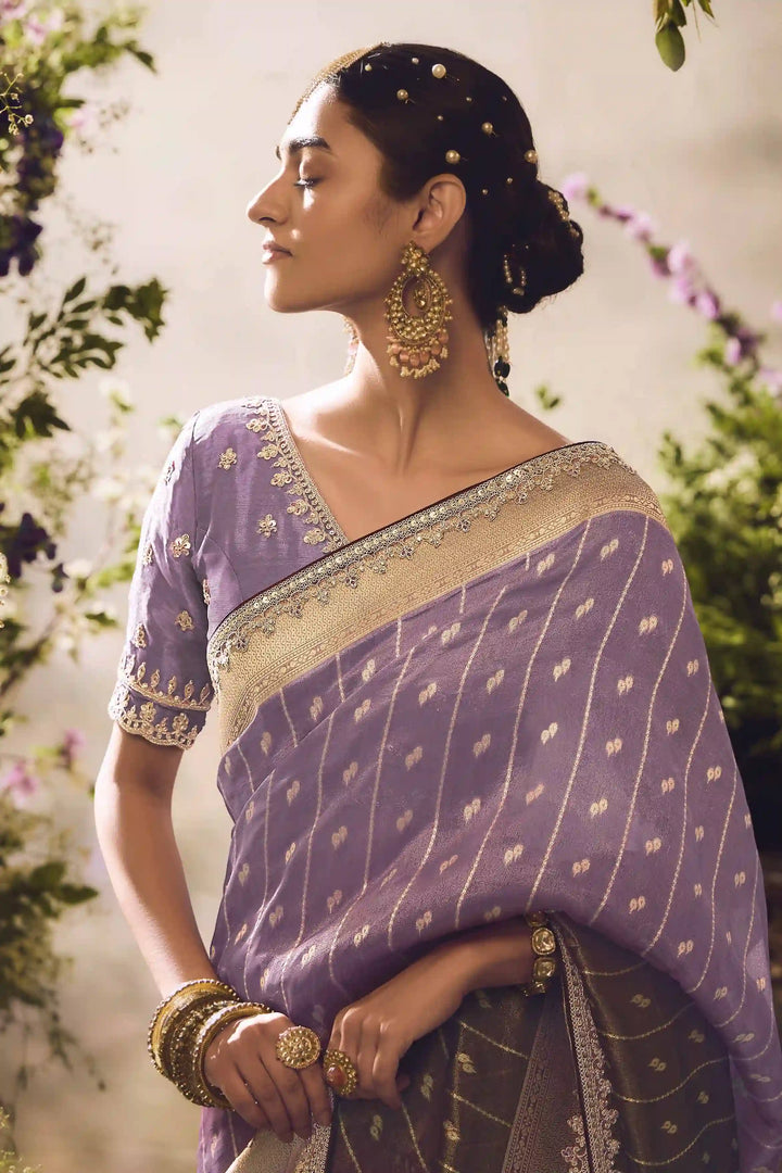 Stylish Purple Saree with Zari Weaving & Sequin Work
