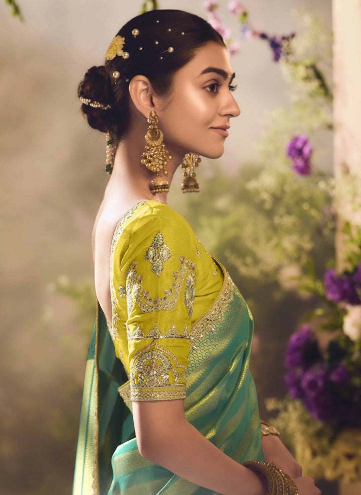 Graceful Aqua Banarasi Silk Saree with Embroidered Work
