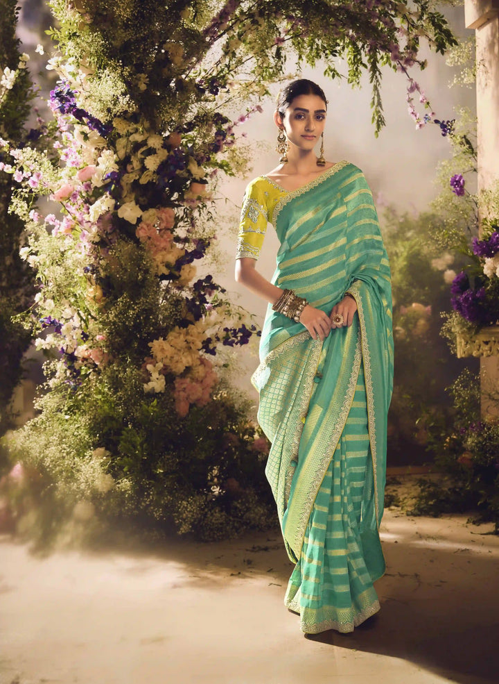 Graceful Aqua Banarasi Silk Saree with Embroidered Work
