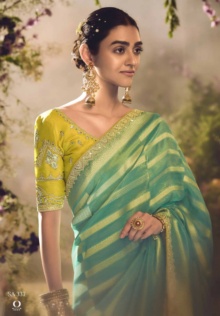 Graceful Aqua Banarasi Silk Saree with Embroidered Work