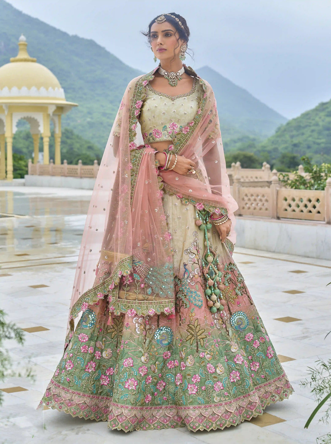 Heavy Embroidered Multicolor Lehenga | Bridal Lehenga with Grey Blouse