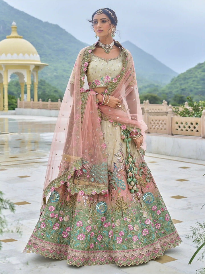 Heavy Embroidered Multicolor Lehenga | Bridal Lehenga with Grey Blouse