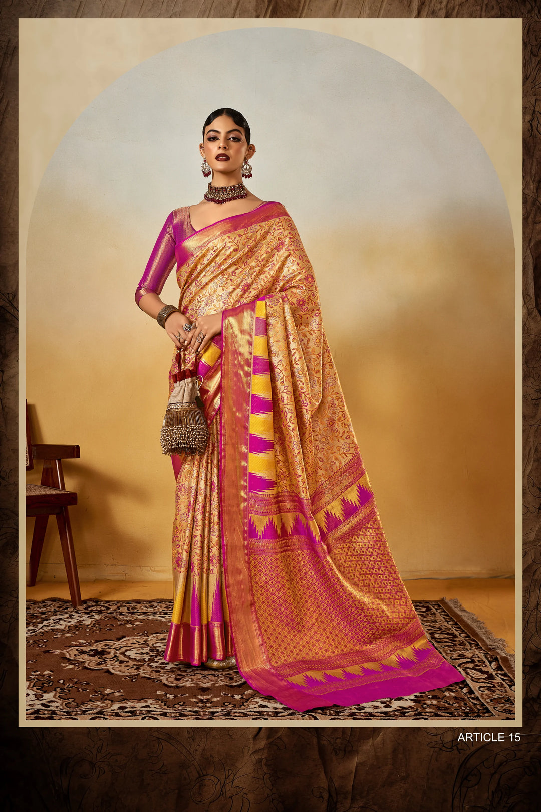 Beige Dharmavaram Silk Saree with Contrast Zari Border for Festive Wear
