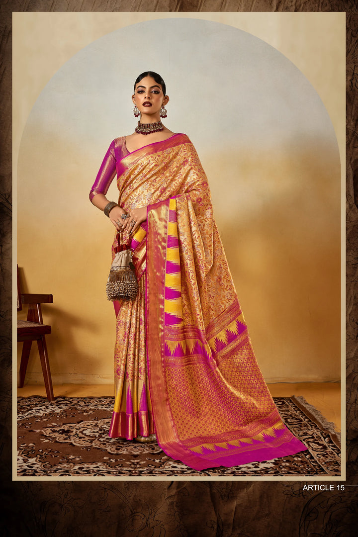 Beige Dharmavaram Silk Saree with Contrast Zari Border for Festive Wear