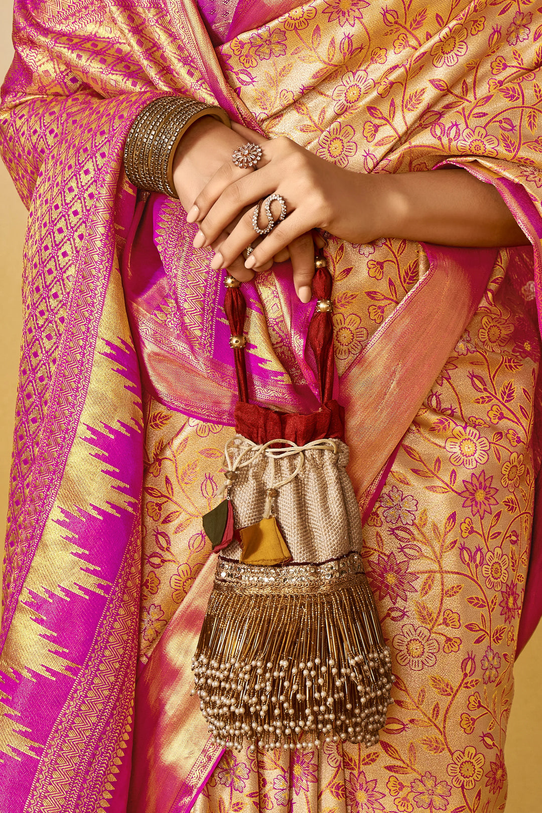 Beige Dharmavaram Silk Saree with Contrast Zari Border for Festive Wear