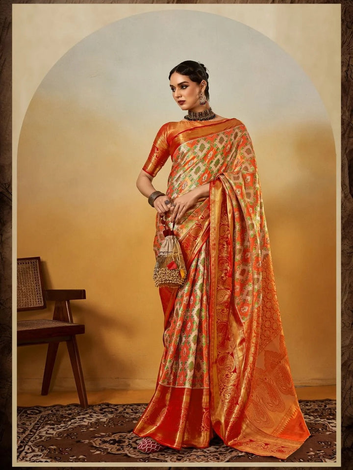 Beige & Orange Dharmavaram Silk Saree with Big Zari Border