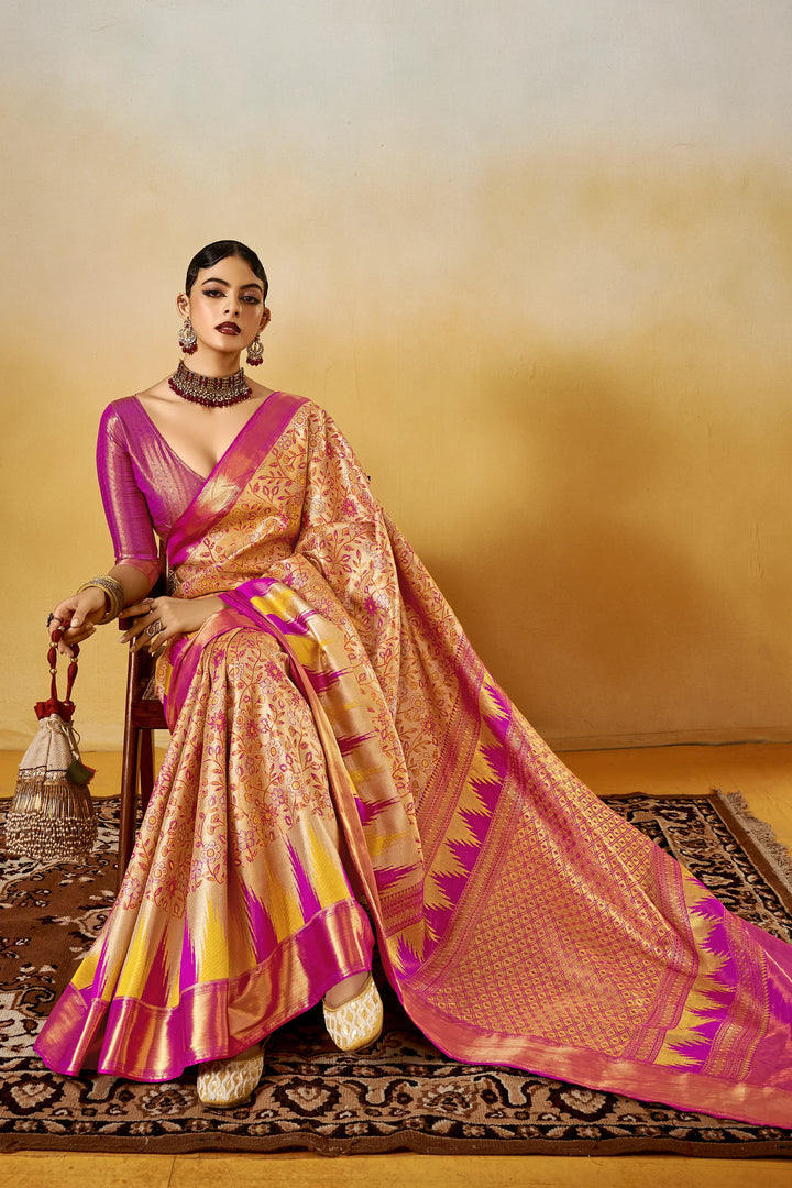 Beige Dharmavaram Silk Saree with Contrast Zari Border for Festive Wear