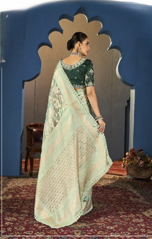 Party-Perfect Saree with Net Blouse & Intricate Embroidery