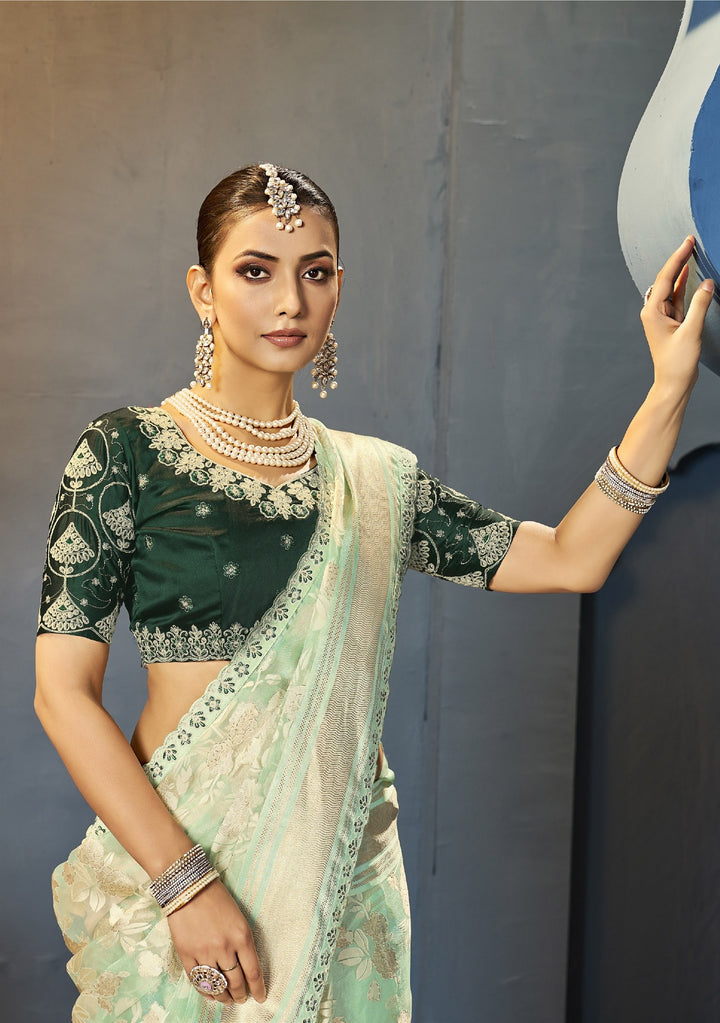Party-Perfect Saree with Net Blouse & Intricate Embroidery