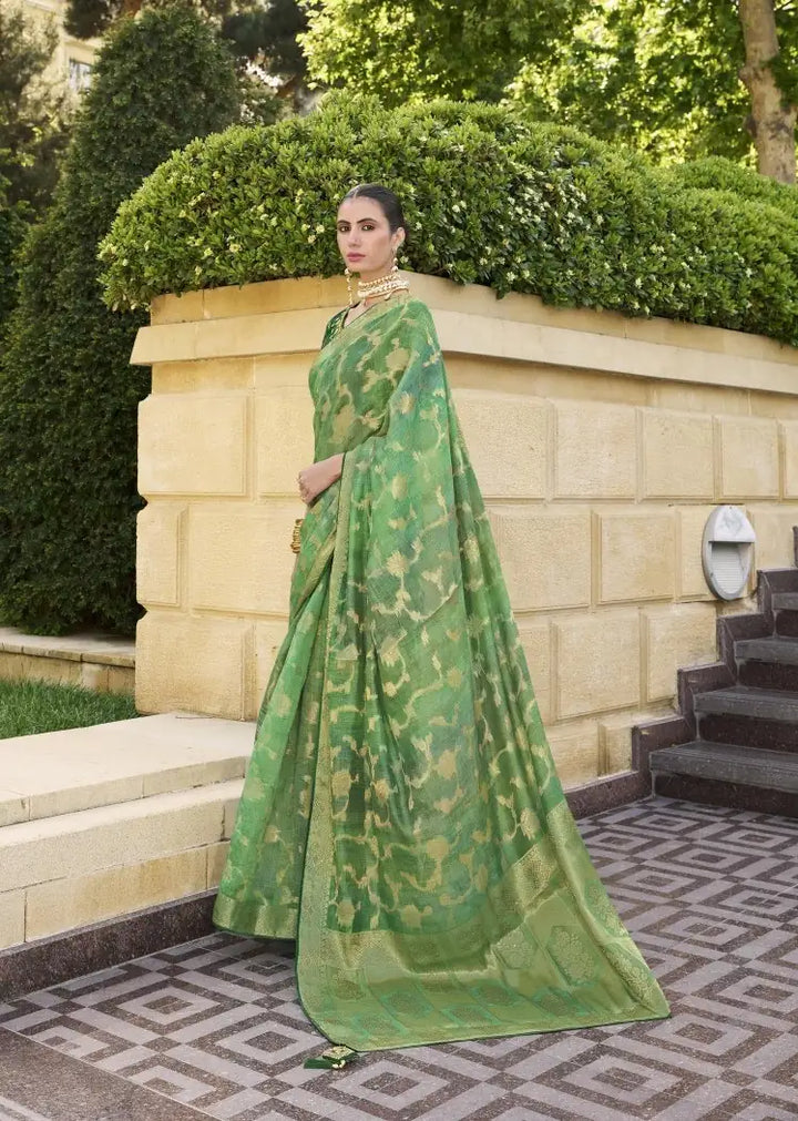 Stunning Green Saree with Art Silk Blouse and Rich Pallu