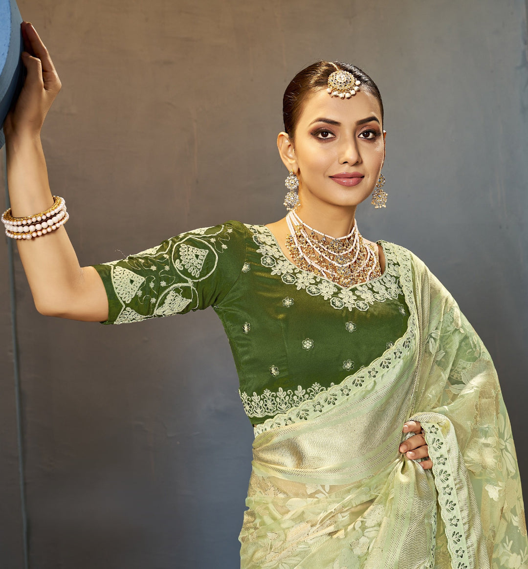 Party-Perfect Saree with Net Blouse & Intricate Embroidery