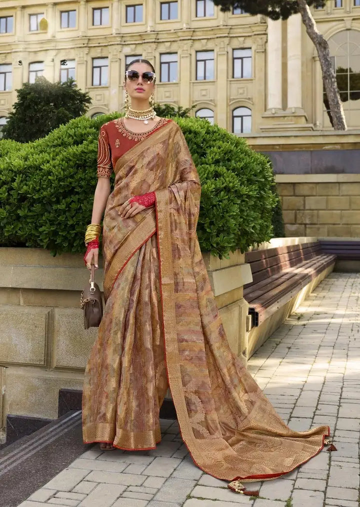 Gorgeous Light Orange Saree with Digital Print & Rich Pallu