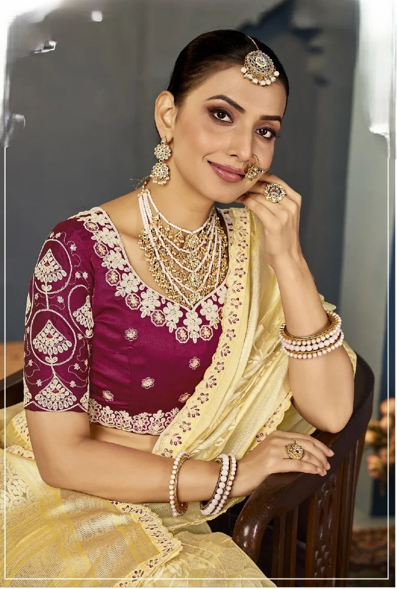 Party-Perfect Saree with Net Blouse & Intricate Embroidery
