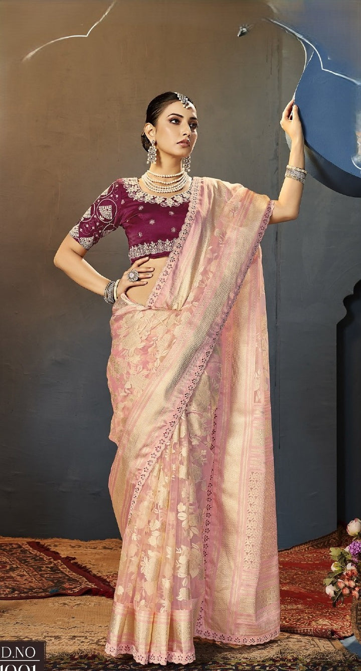 Party-Perfect Saree with Net Blouse & Intricate Embroidery