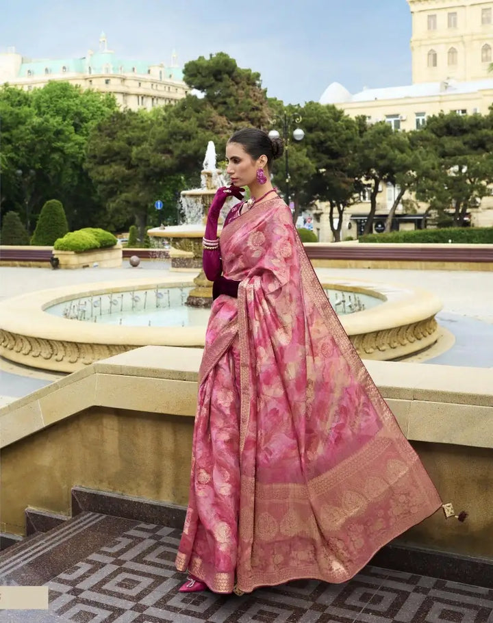 Rose Pink Saree with Digital Print & Swarovski for Grand Events