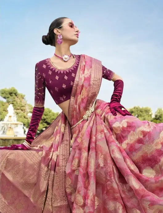 Rose Pink Saree with Digital Print & Swarovski for Grand Events