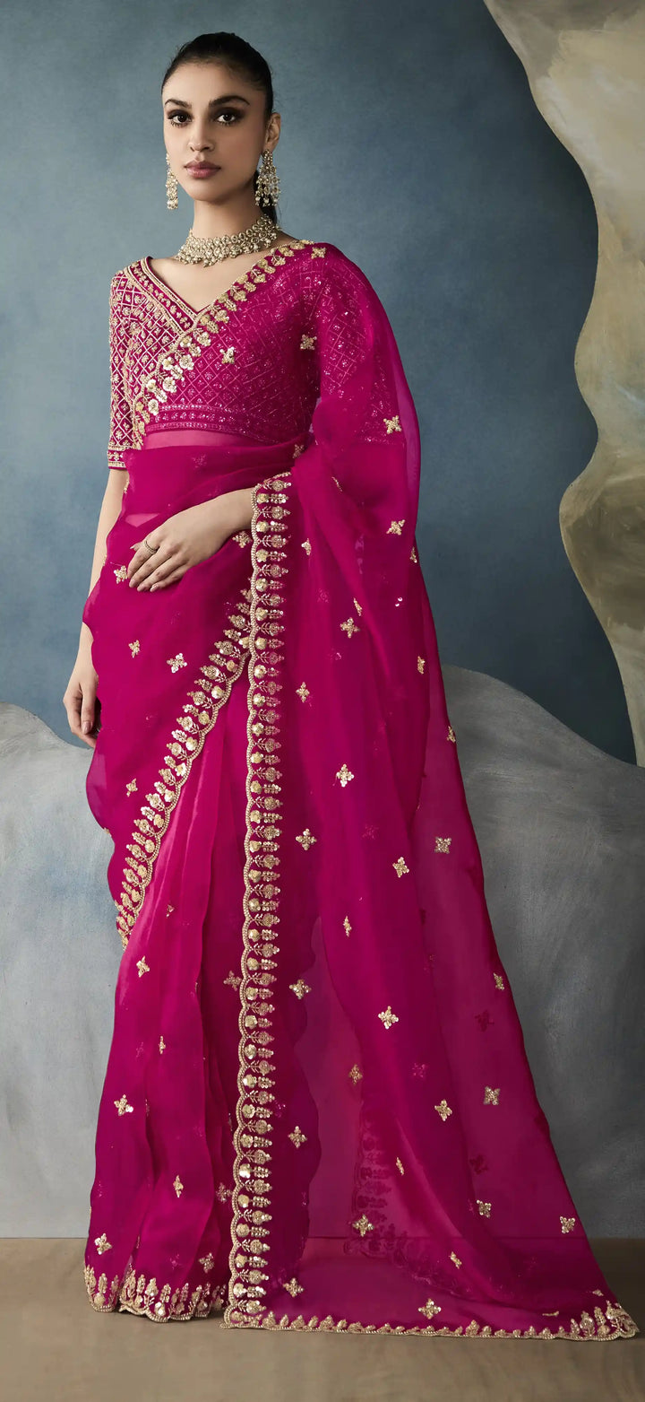 Glamorous Rani Pink Tissue Saree with Handwork Cut Work Border