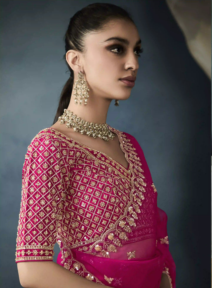 Glamorous Rani Pink Tissue Saree with Handwork Cut Work Border