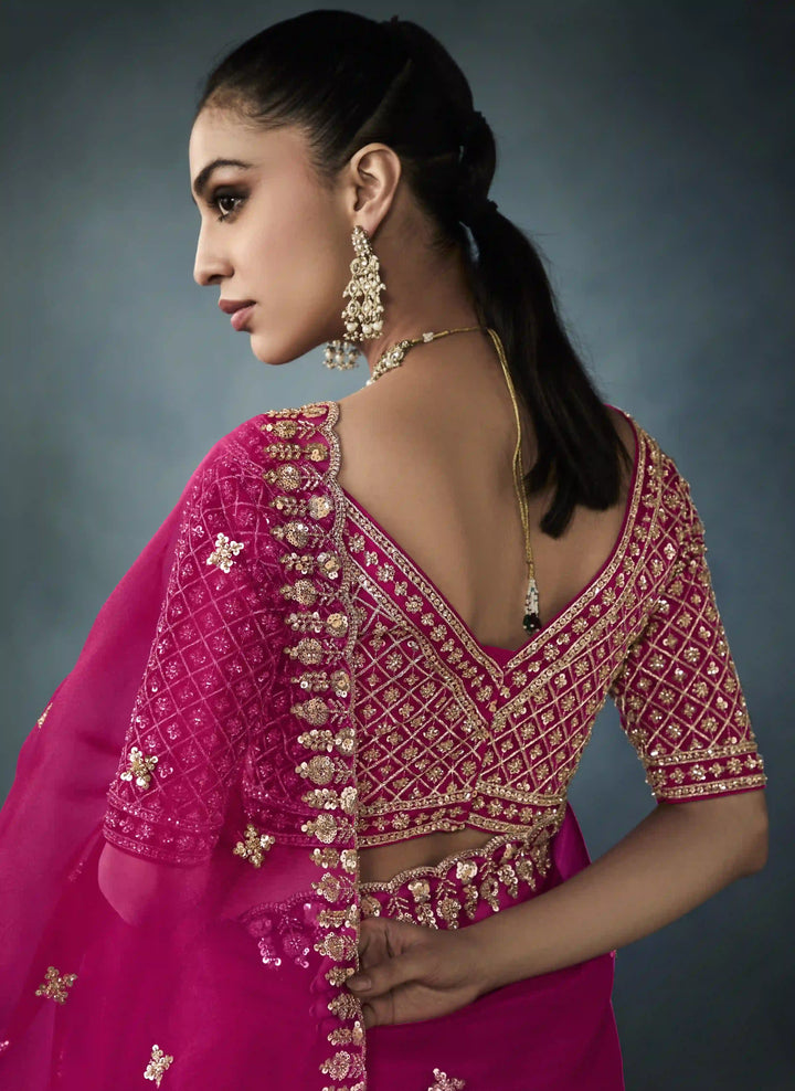 Glamorous Rani Pink Tissue Saree with Handwork Cut Work Border