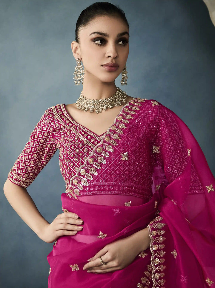 Glamorous Rani Pink Tissue Saree with Handwork Cut Work Border