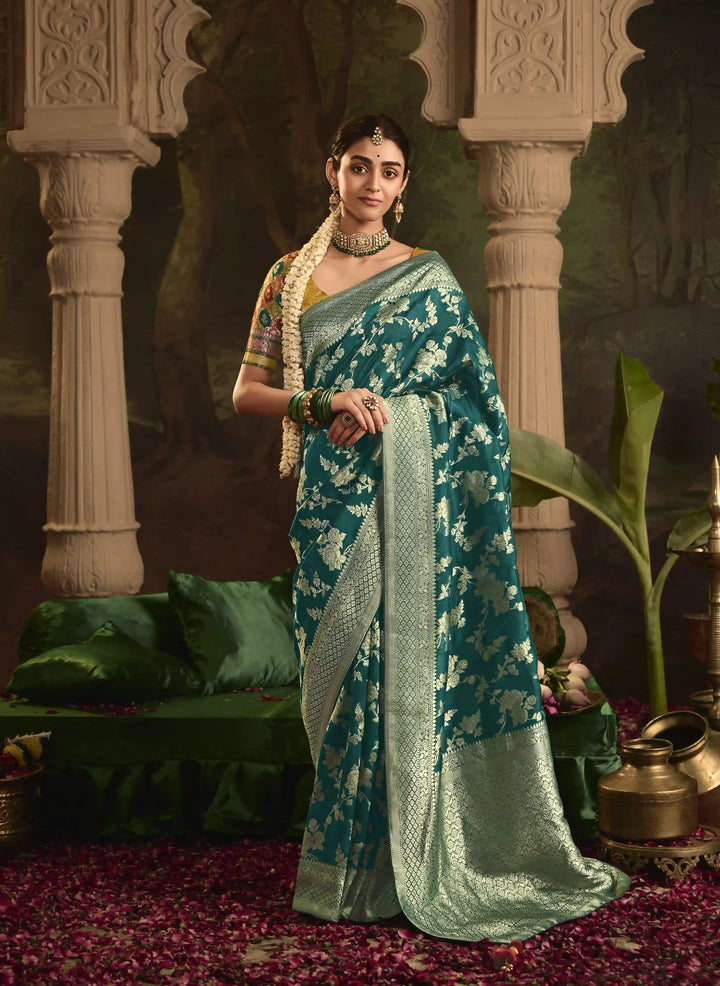 Festive Teal Crepe Dola Saree with Stylish Weaving