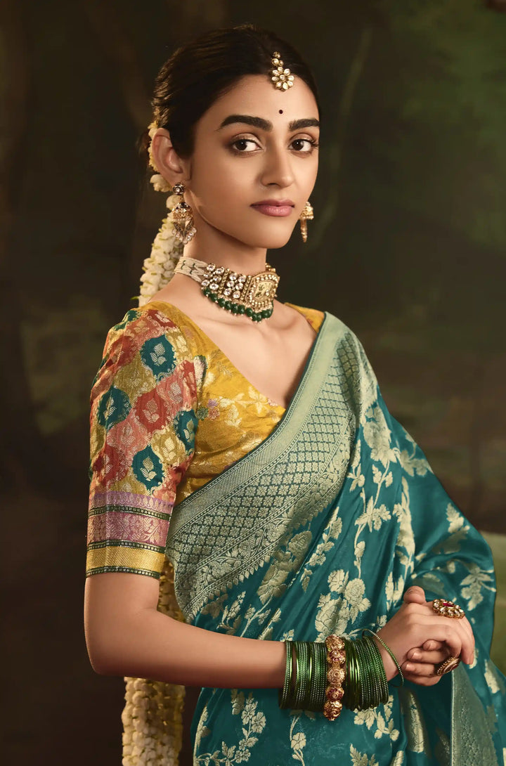Festive Teal Crepe Dola Saree with Stylish Weaving