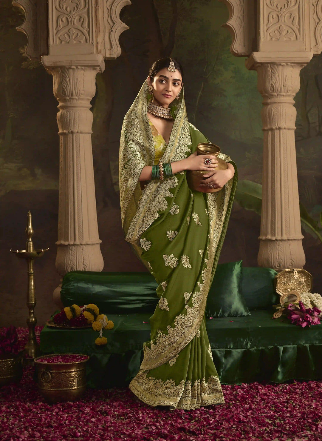 Stunning Mehendi Saree in Crepe Silk for Festive Wear