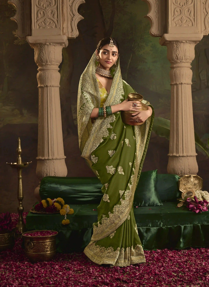 Stunning Mehendi Saree in Crepe Silk for Festive Wear