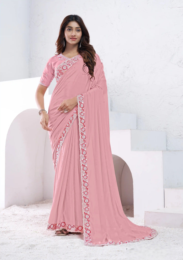 Mesmerizing Pink Designer Saree with Raw Silk Blouse Work