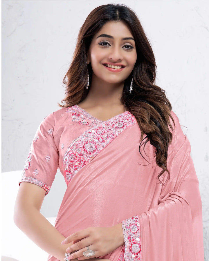Mesmerizing Pink Designer Saree with Raw Silk Blouse Work