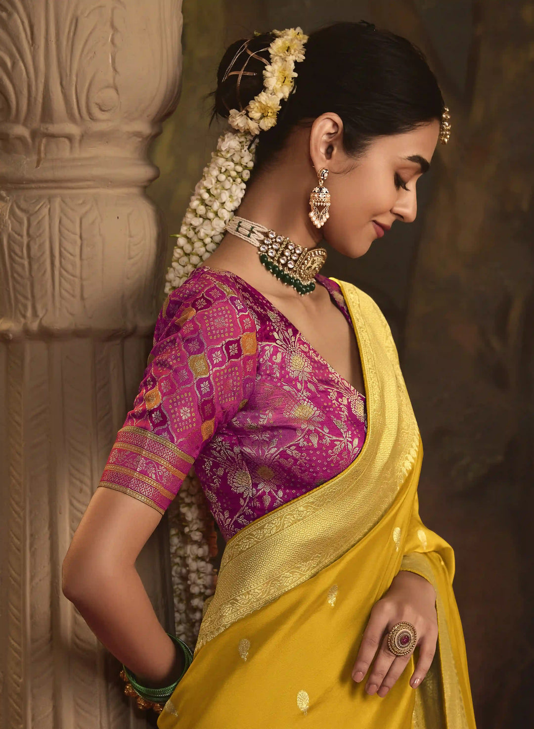 Mustard Crepe Silk Saree with Heavy Weaving Pallu