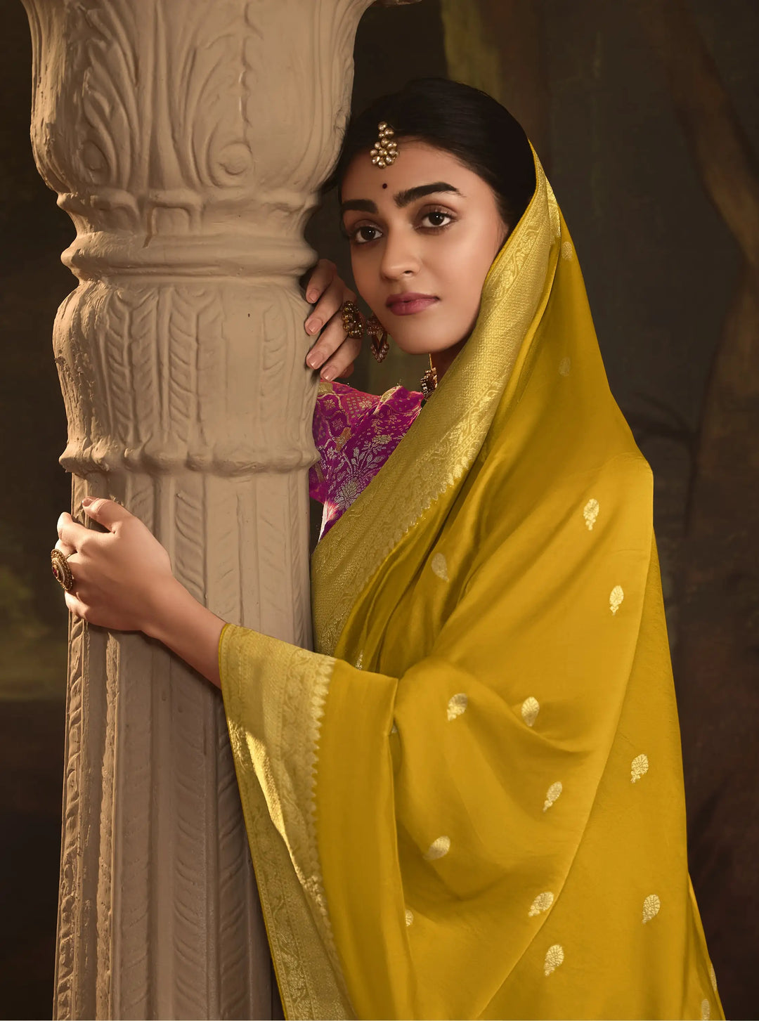 Mustard Crepe Silk Saree with Heavy Weaving Pallu