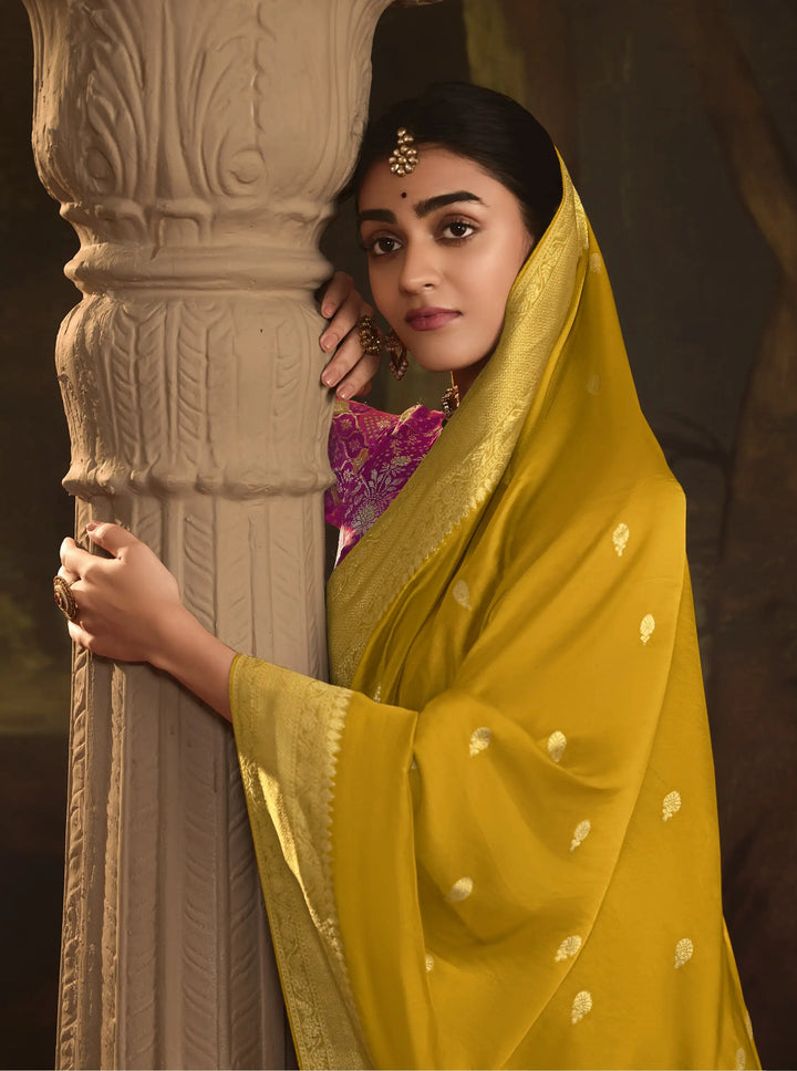 Mustard Crepe Silk Saree with Heavy Weaving Pallu