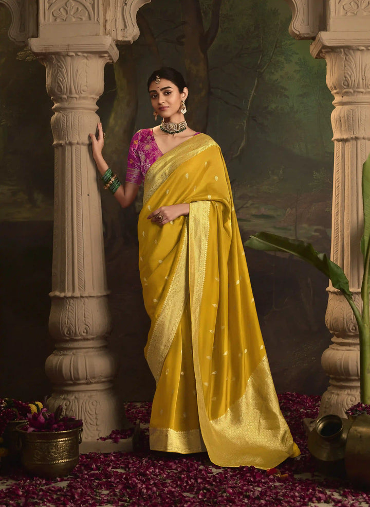 Mustard Crepe Silk Saree with Heavy Weaving Pallu