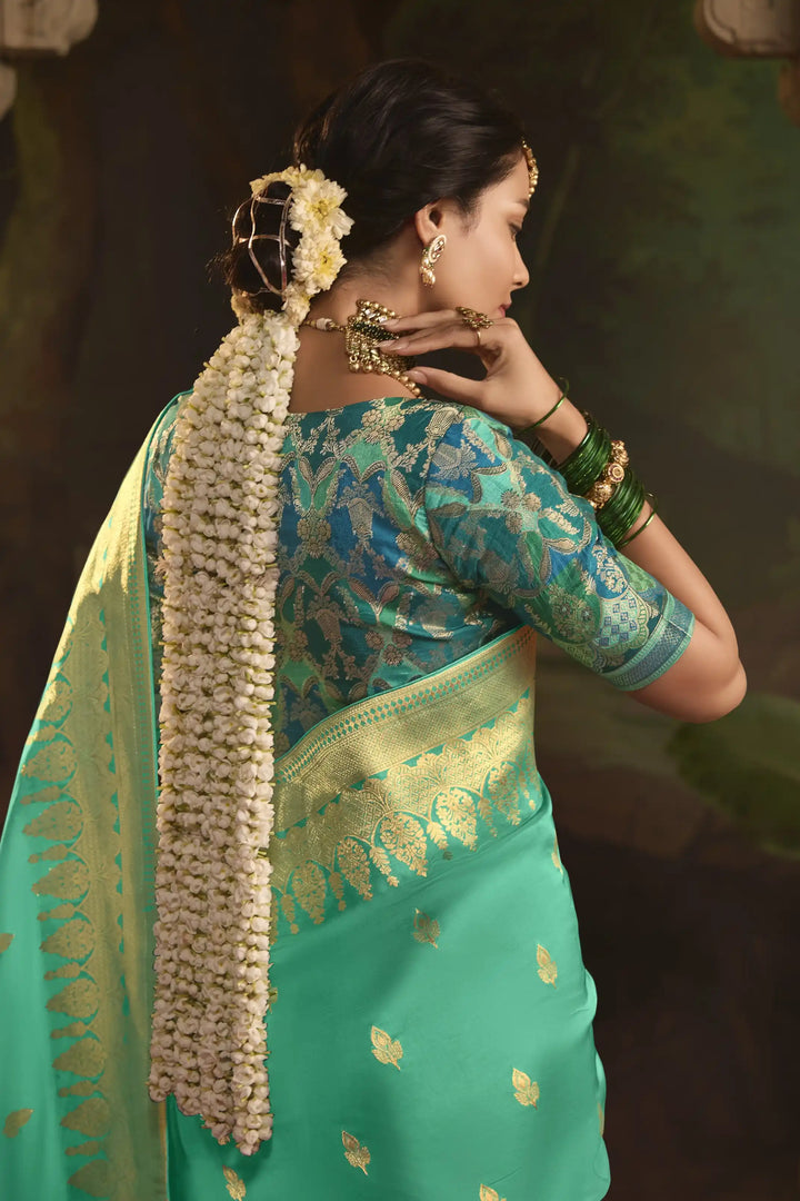 Stunning Rama Saree with Fancy Pallu and Weaving Work