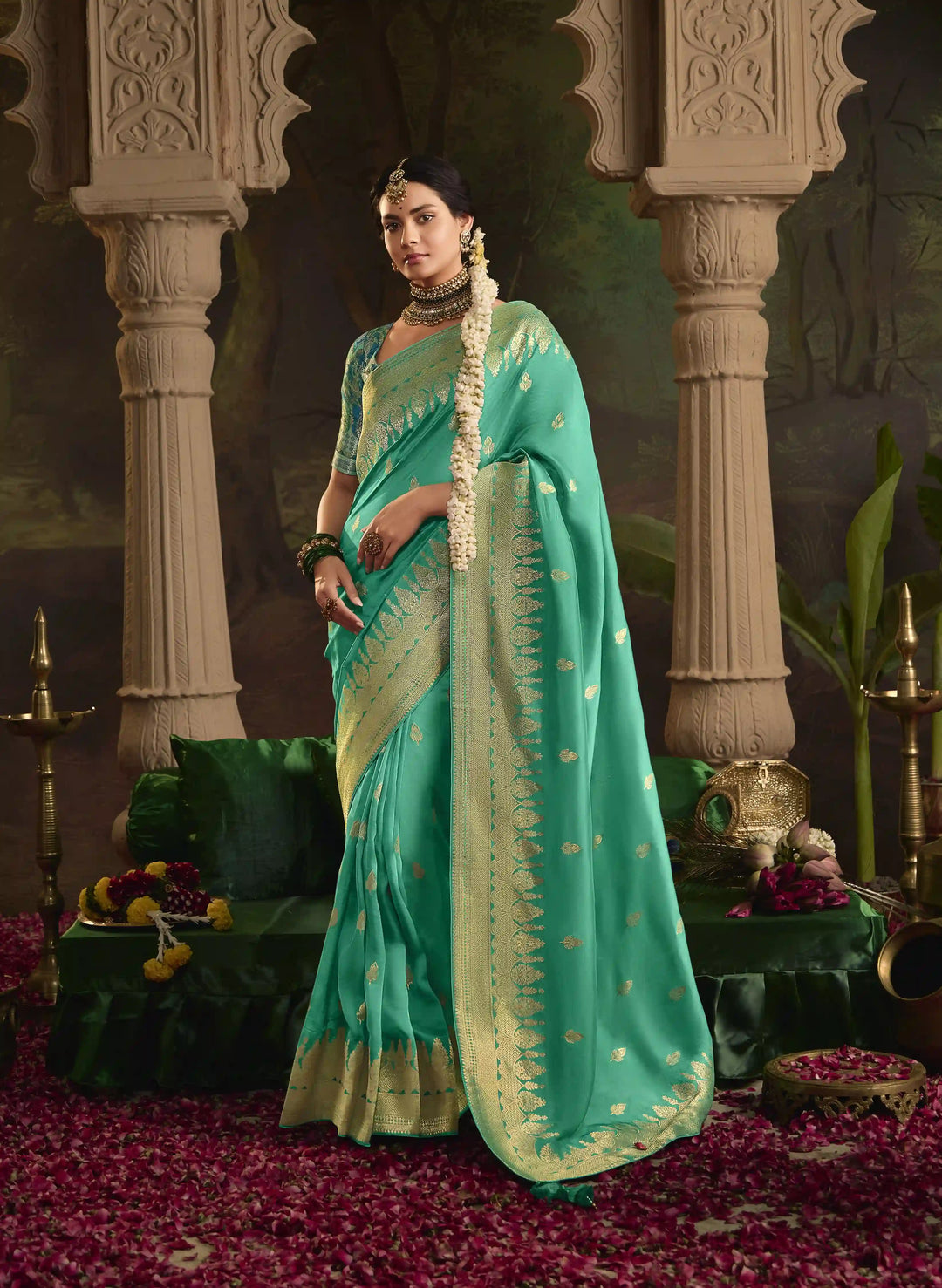 Stunning Rama Saree with Fancy Pallu and Weaving Work
