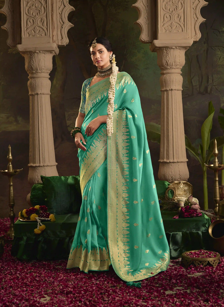 Stunning Rama Saree with Fancy Pallu and Weaving Work
