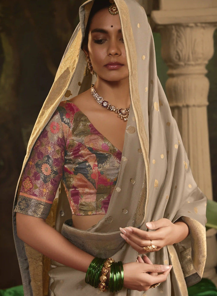 Elegant Light Gray Crepe Dola Silk Saree with Heavy Weaving