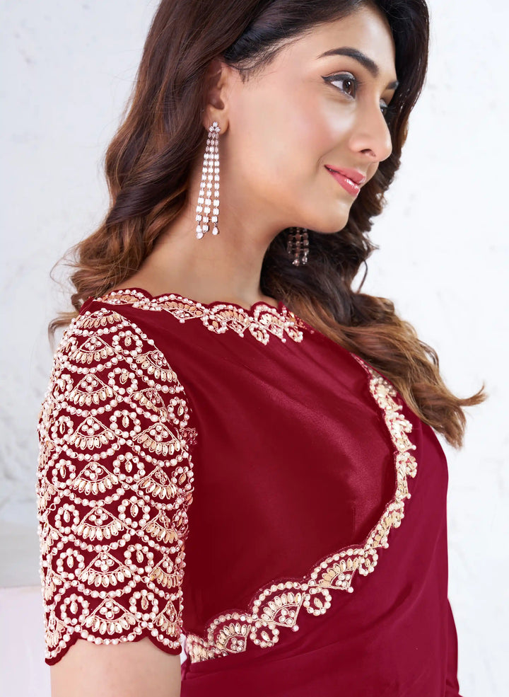 Stunning Maroon Saree with Rich Moti & Hand Embroidery