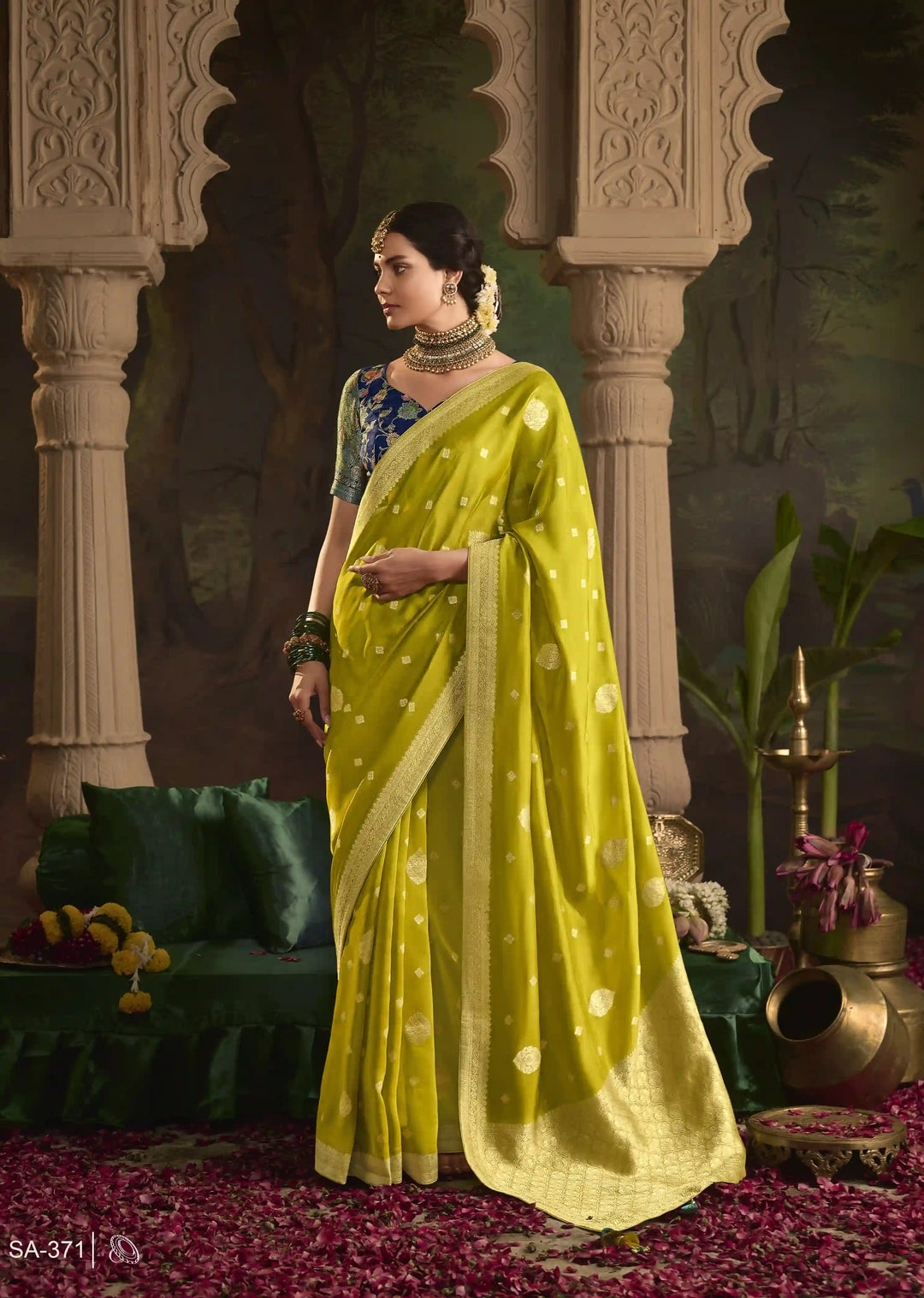 Chic Lime Green Saree with Fancy Heavy Weaving Work