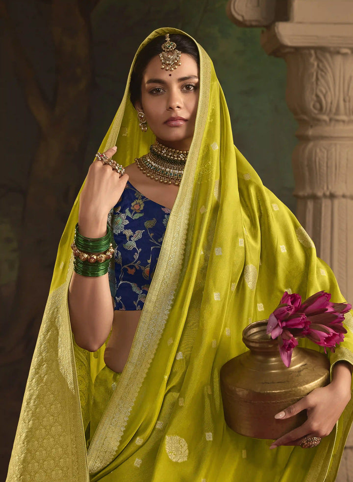 Chic Lime Green Saree with Fancy Heavy Weaving Work