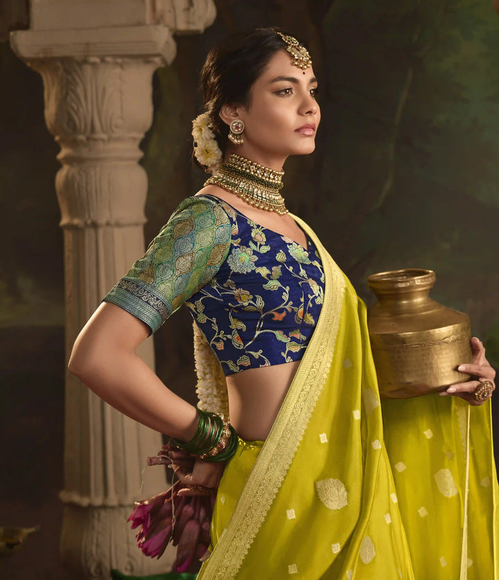 Chic Lime Green Saree with Fancy Heavy Weaving Work