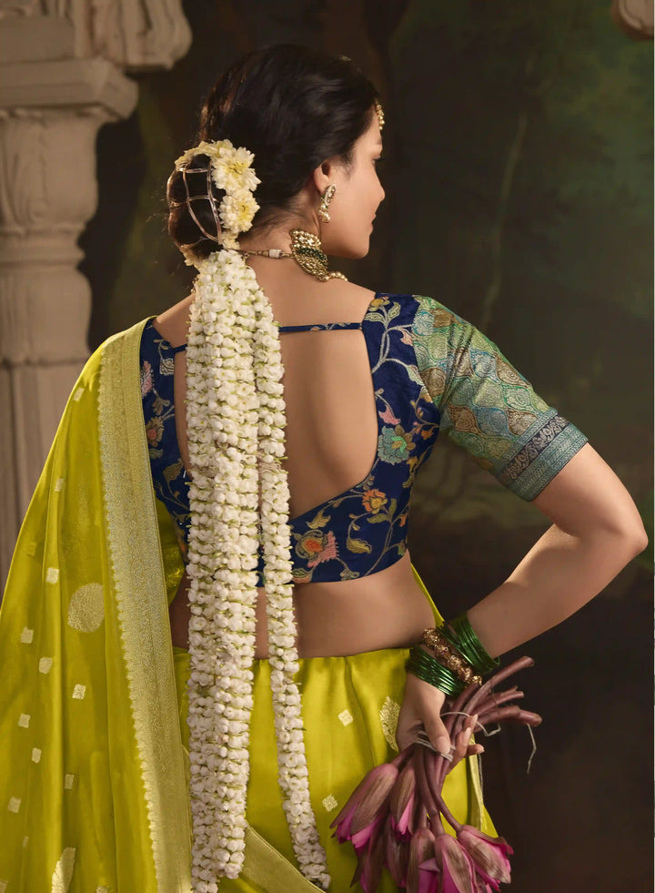 Chic Lime Green Saree with Fancy Heavy Weaving Work