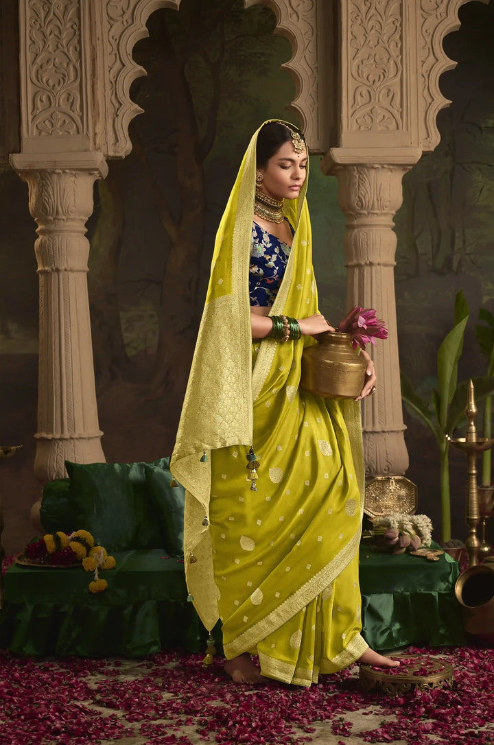Chic Lime Green Saree with Fancy Heavy Weaving Work