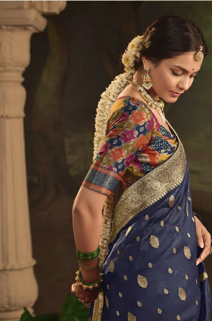 Glamorous Navy Crepe Saree with Rich Pallu Weaving