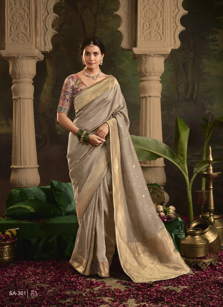 Elegant Light Gray Crepe Dola Silk Saree with Heavy Weaving