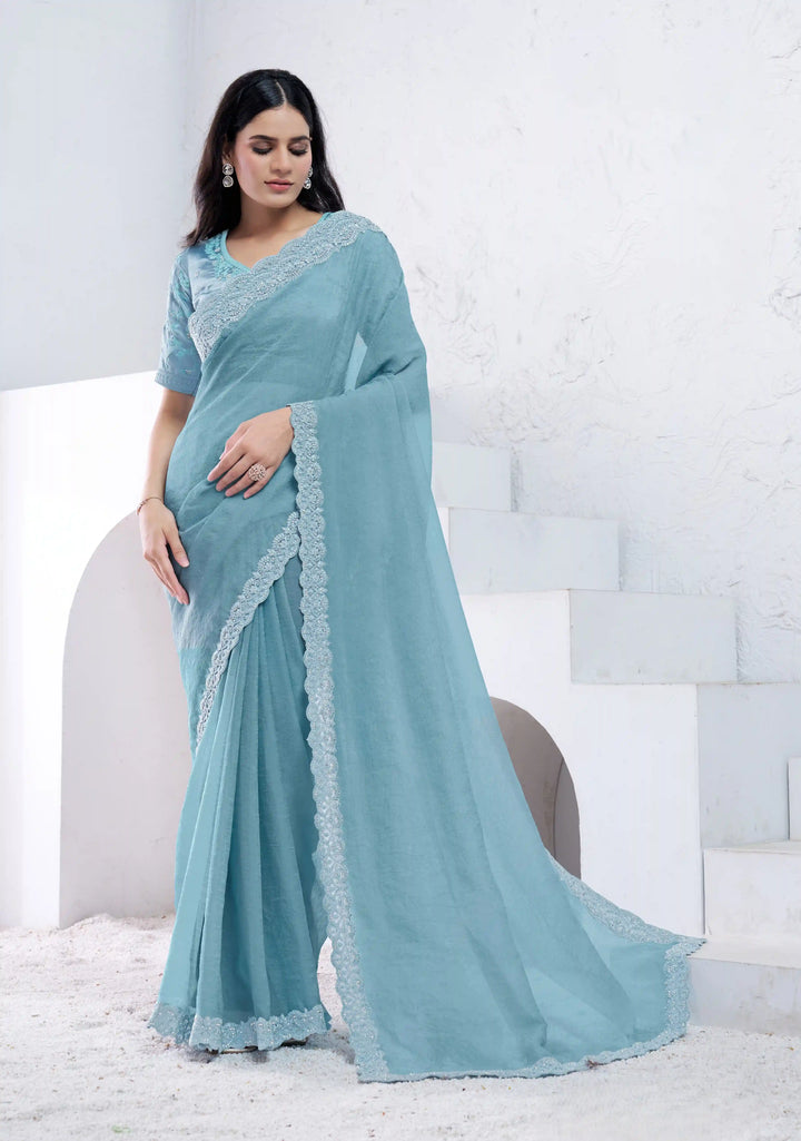 Dazzling Sky Blue Silk Saree with Diamond & Hand Work Blouse