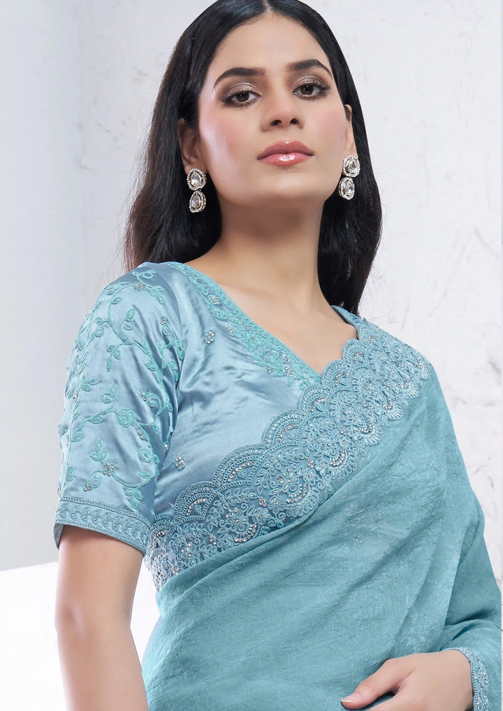 Dazzling Sky Blue Silk Saree with Diamond & Hand Work Blouse