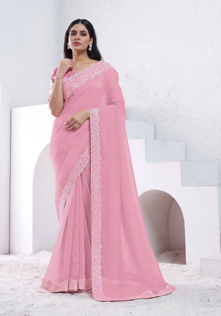 Luxurious Pink Saree with Diamond Work for Party & Festive Look